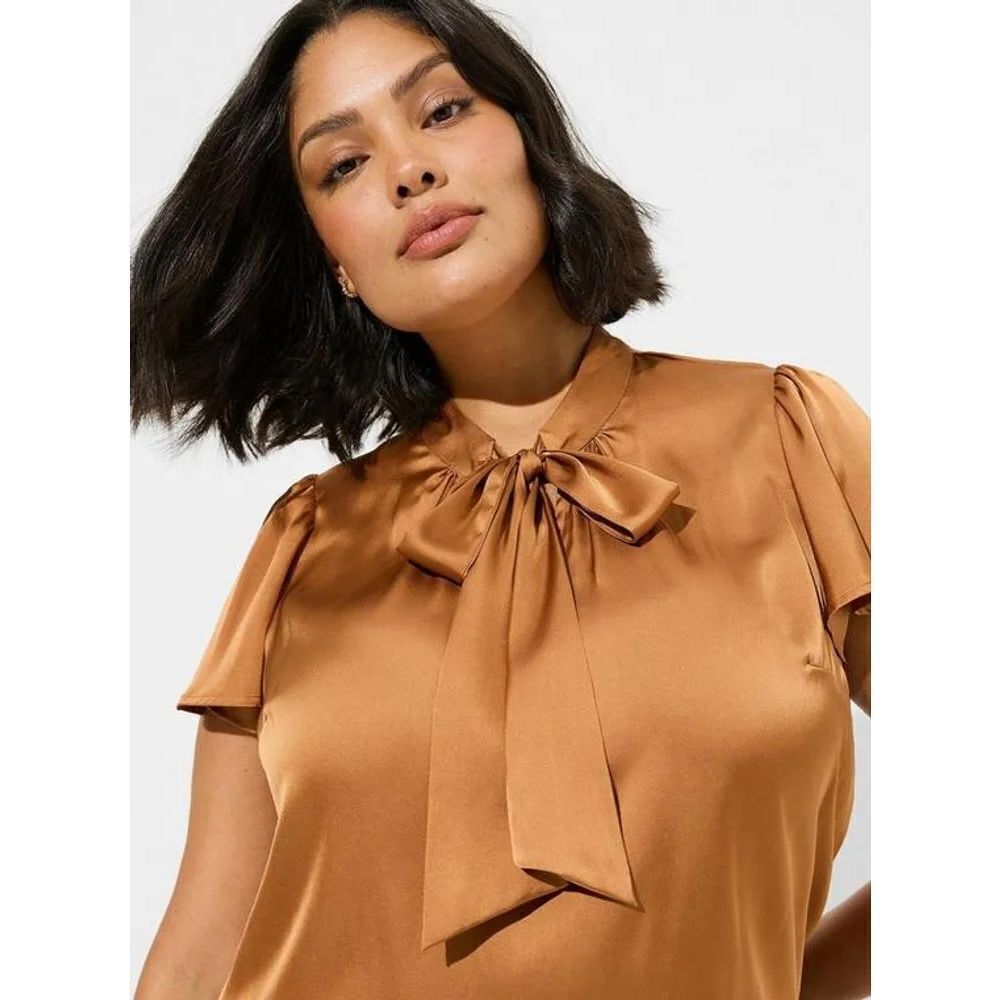 Torrid Satin Tie Front Neck Flutter Sleeve Blouse Sz 0 / L in Lion bronze